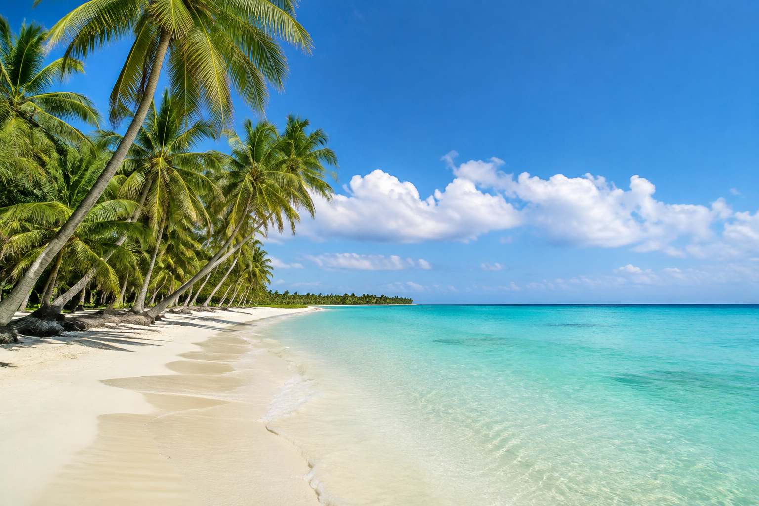 Illustrative Punta Cana-style white sand beach with palms and turquoise water