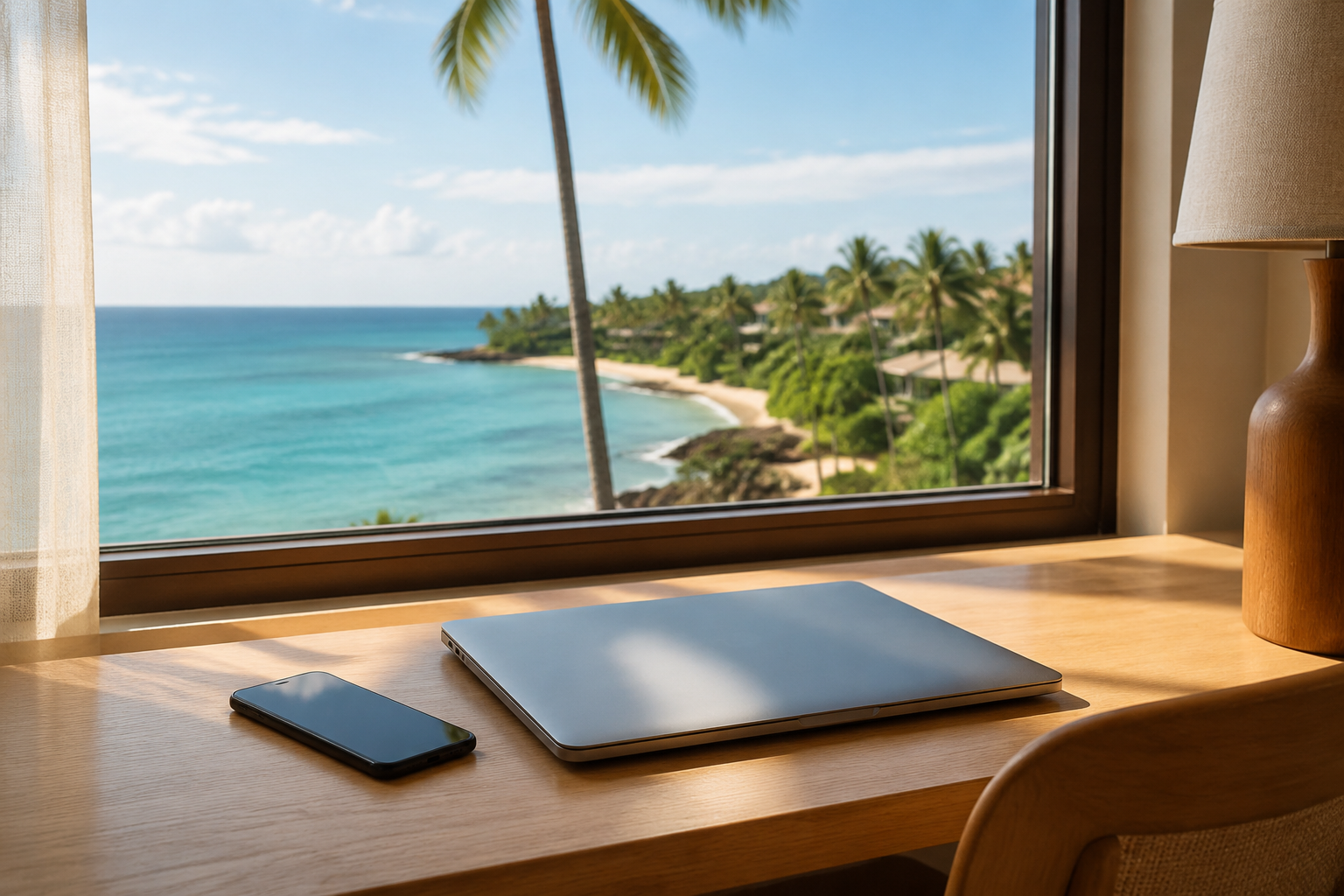 Unbranded phone and laptop on a desk overlooking a Dominican-style tropical coast