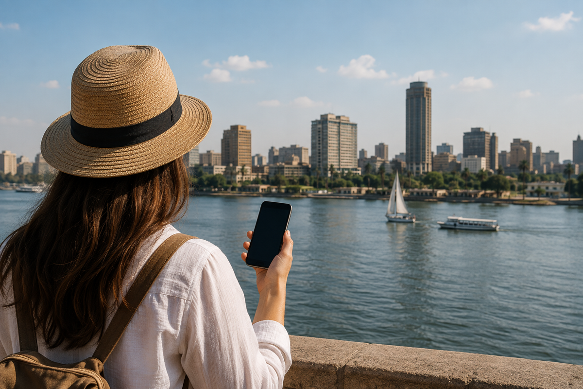 Traveler holding a smartphone beside the Nile in Cairo