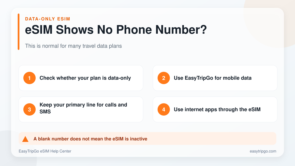 Why a data-only travel eSIM may show no phone number