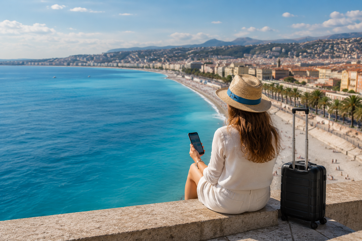 Traveler overlooking the French Riviera coastline with a phone and suitcase
