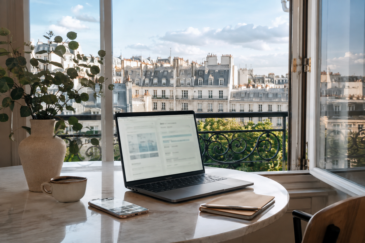 Laptop and smartphone in a Paris apartment overlooking rooftops
