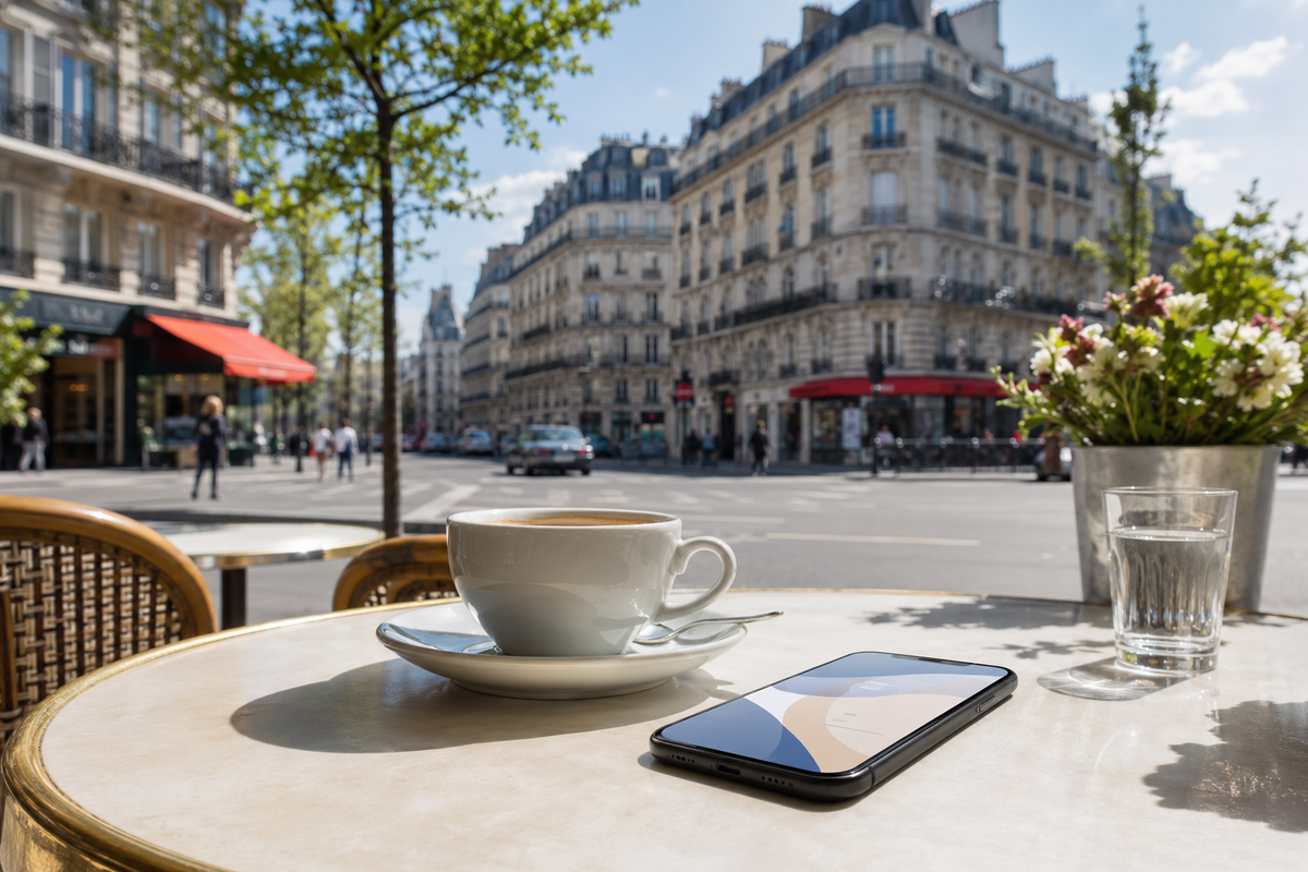 Smartphone and coffee on a Paris cafe terrace