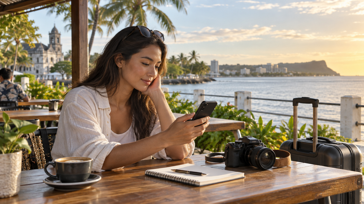 Traveler planning a Guam trip by the Hagåtña waterfront for the eSIM data guide