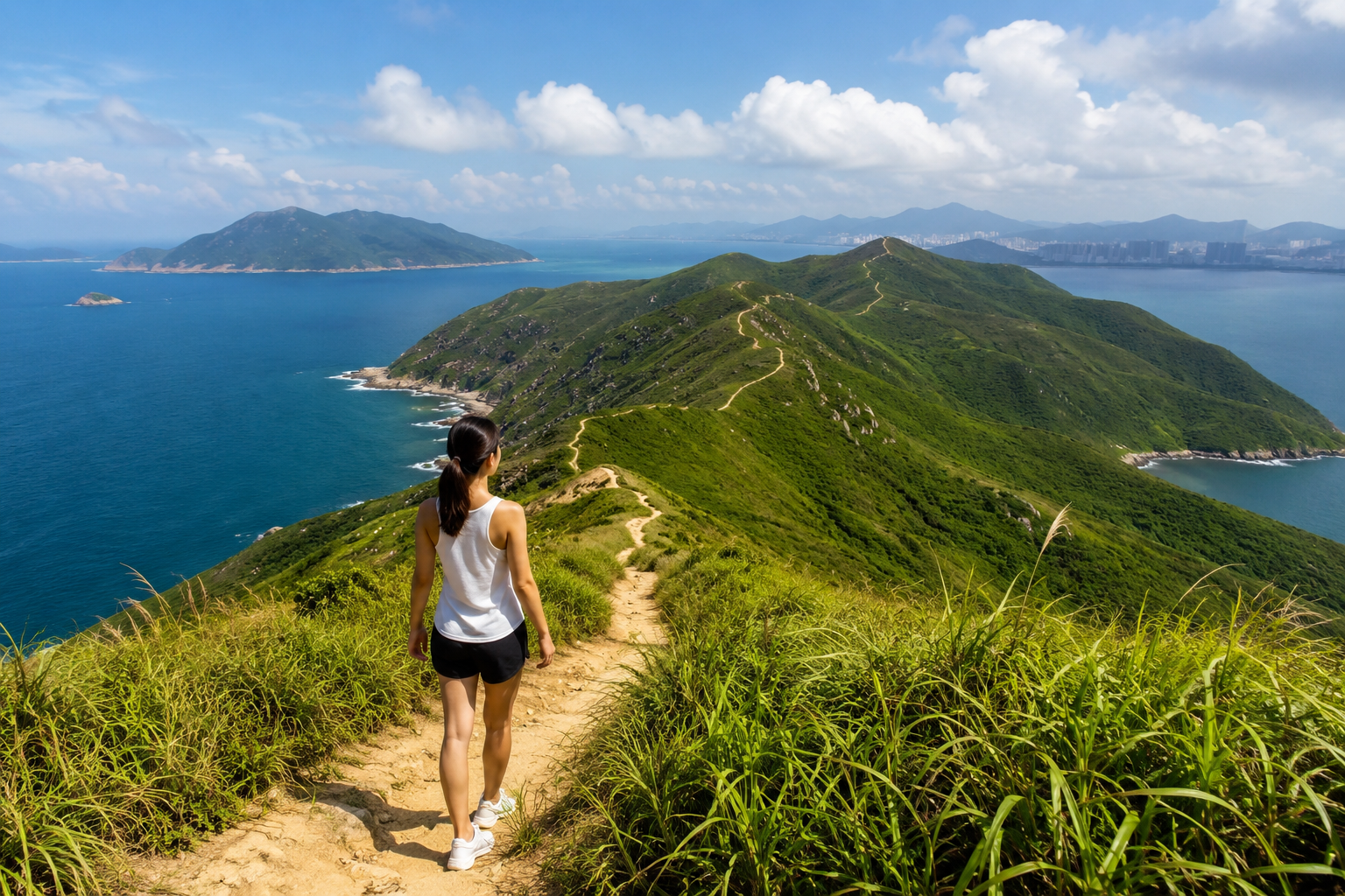 Illustration of a hiker on a green coastal ridge trail in Hong Kong.
