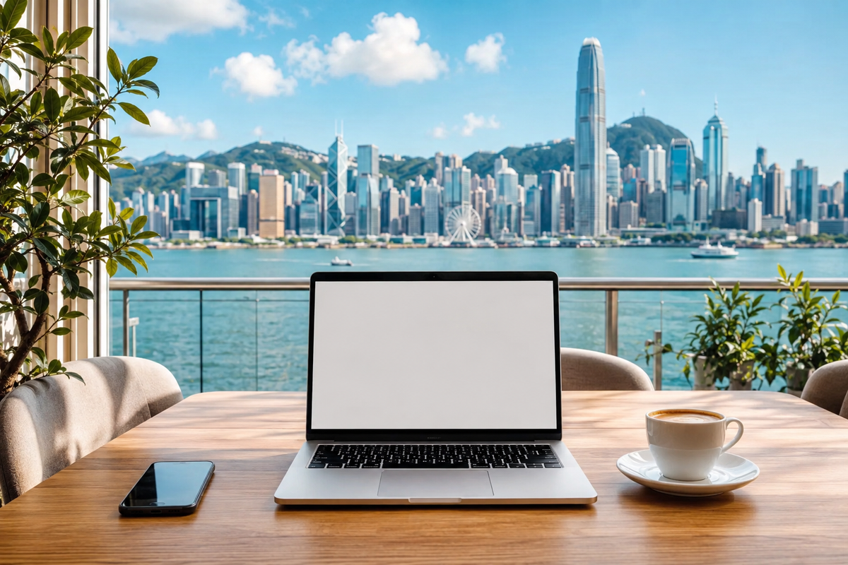 Illustration of a laptop and smartphone on a cafe table overlooking Victoria Harbour.