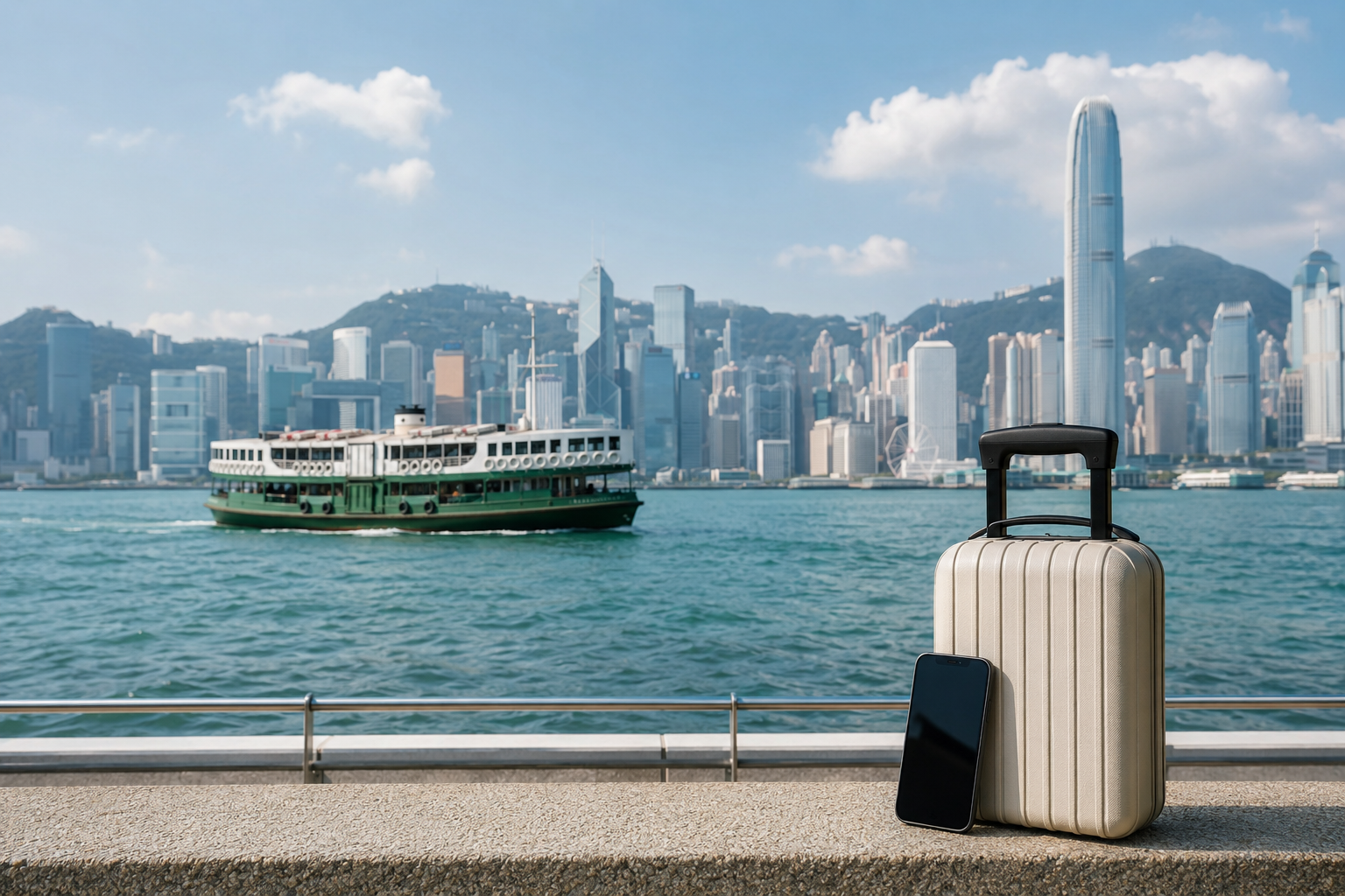 Illustration of a suitcase and smartphone beside Victoria Harbour with a ferry in the background.