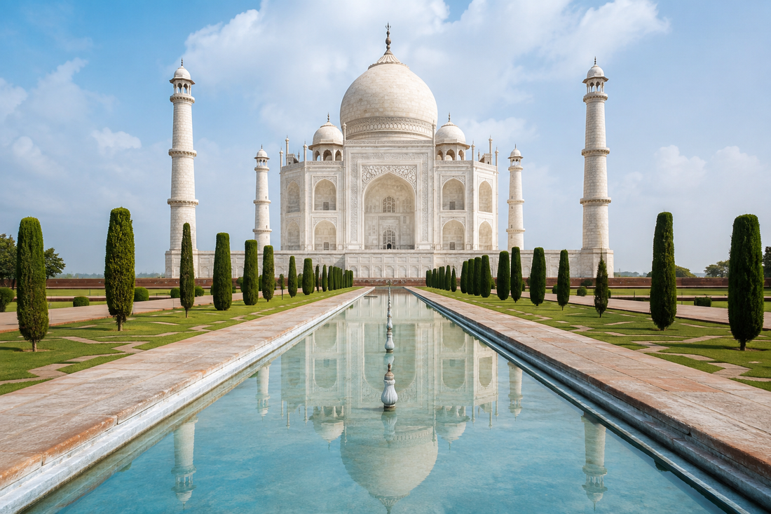 Illustrative view of the Taj Mahal and reflecting pool in Agra