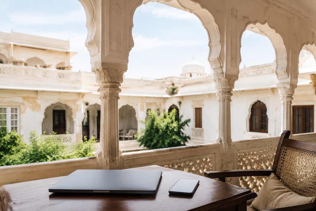 Unbranded phone and laptop in an Indian courtyard-style hotel