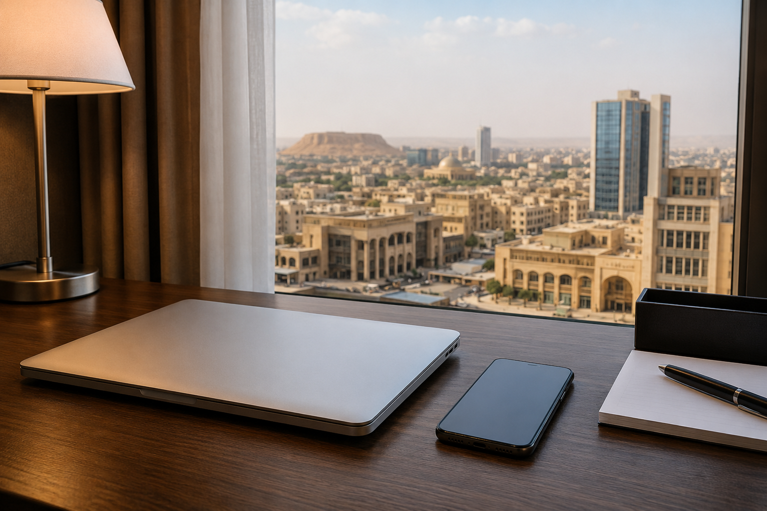 Unbranded laptop and phone overlooking an Erbil-inspired cityscape