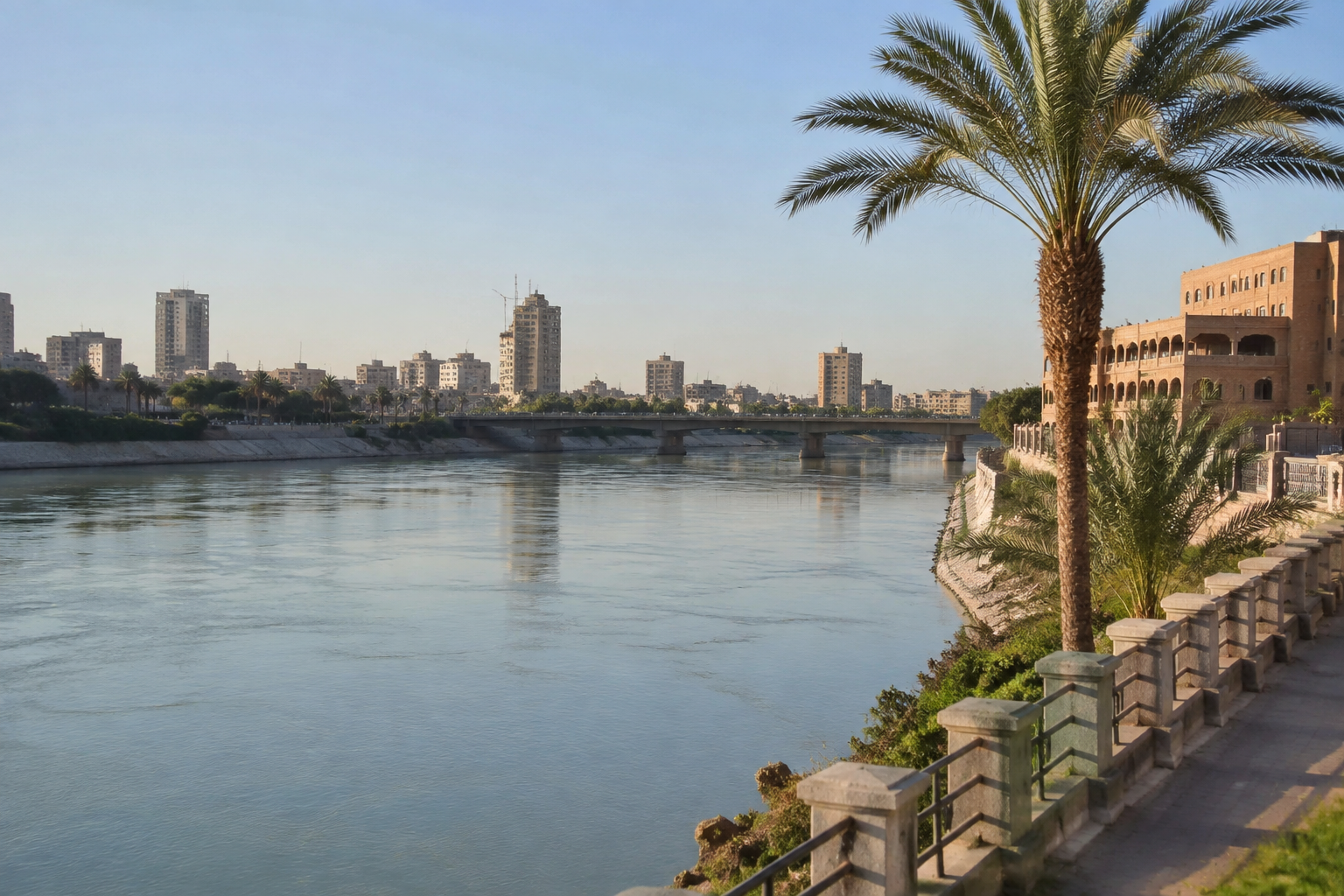 Illustrative Baghdad-inspired riverfront with date palms and brick buildings