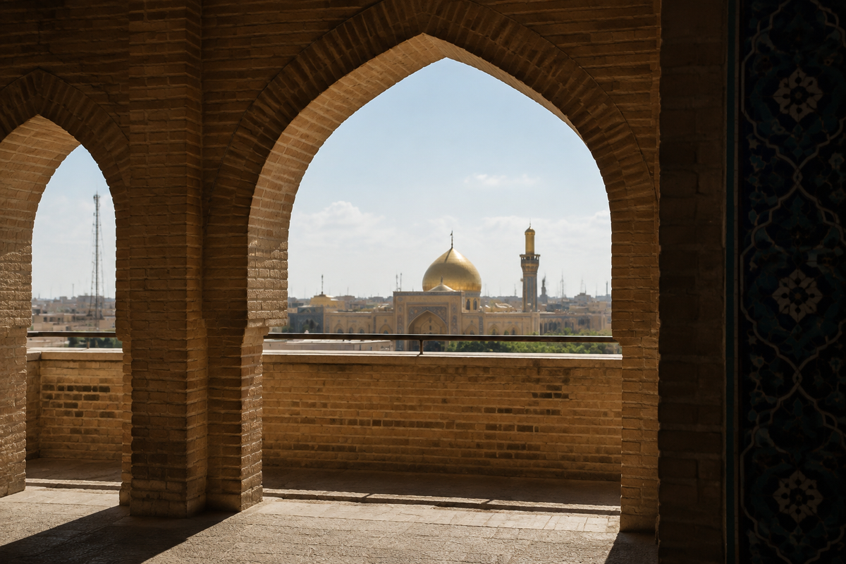 Illustrative Iraqi shrine-inspired dome viewed through brick arches