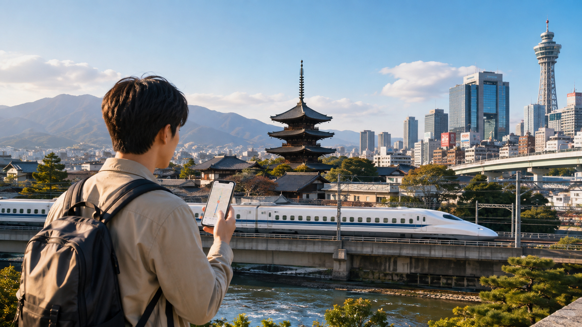 Traveler planning a seven-day Japan trip with Kyoto, Osaka and Shinkansen scenery