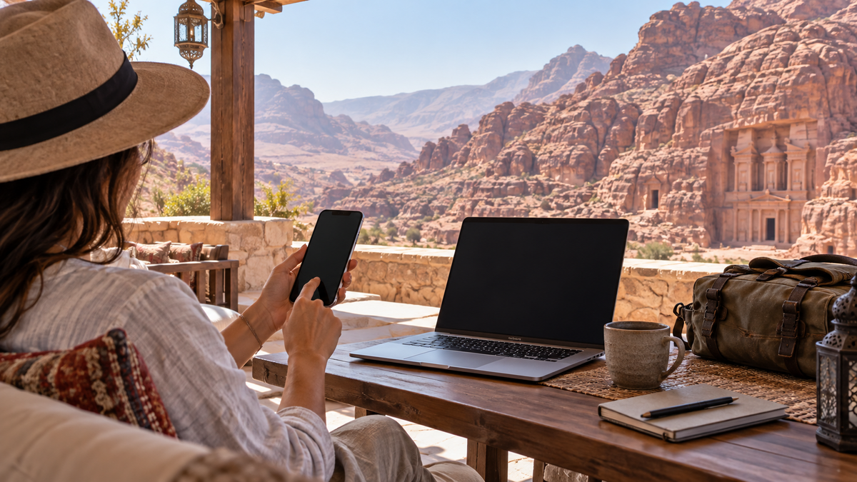 Traveler using a phone and laptop near Petra for the Jordan eSIM hotspot guide