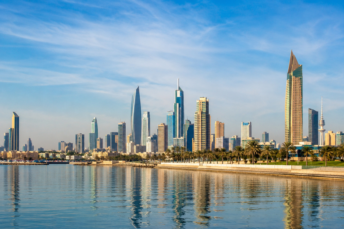 Kuwait City skyline and Al Hamra tower across the bay