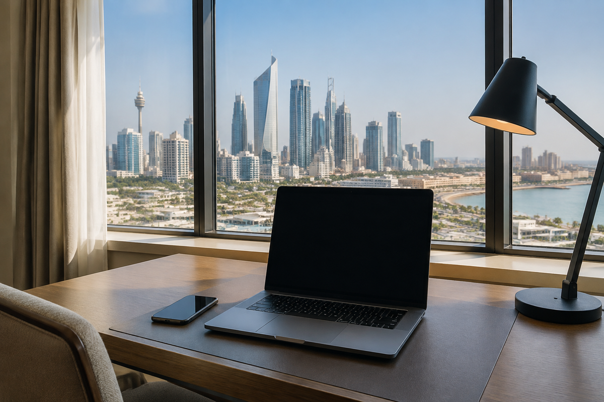 Laptop and smartphone on a hotel desk overlooking Kuwait City
