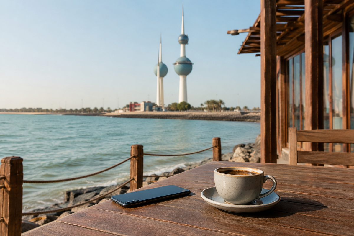 Smartphone and coffee on a Kuwait seaside cafe table