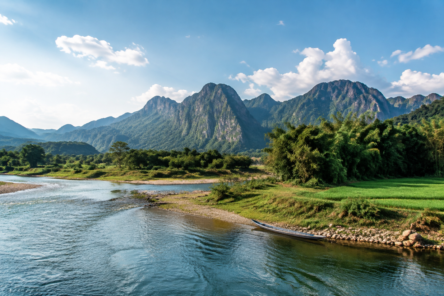 Illustrative Vang Vieng-inspired river and limestone mountain landscape