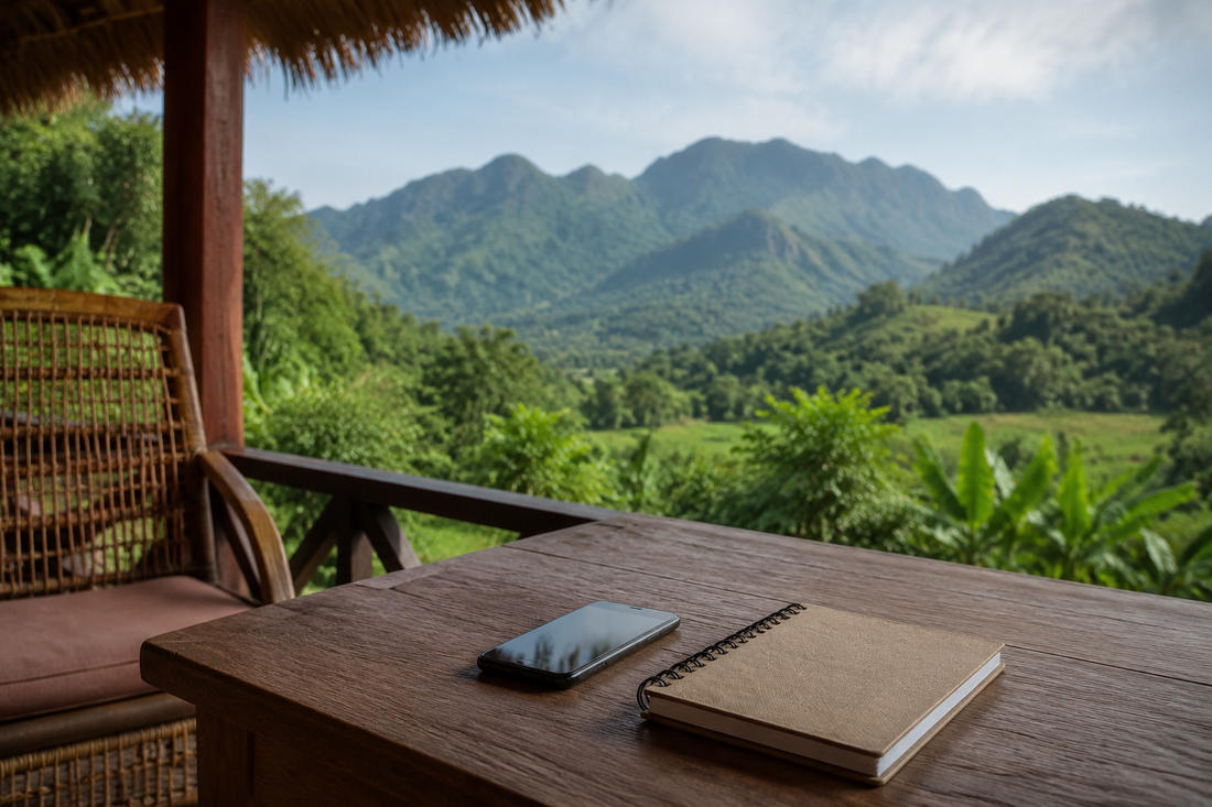 Phone and notebook on a guesthouse terrace overlooking green hills