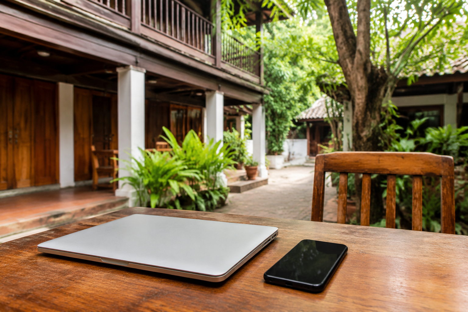 Unbranded phone and laptop on a wooden desk in a Lao-style courtyard