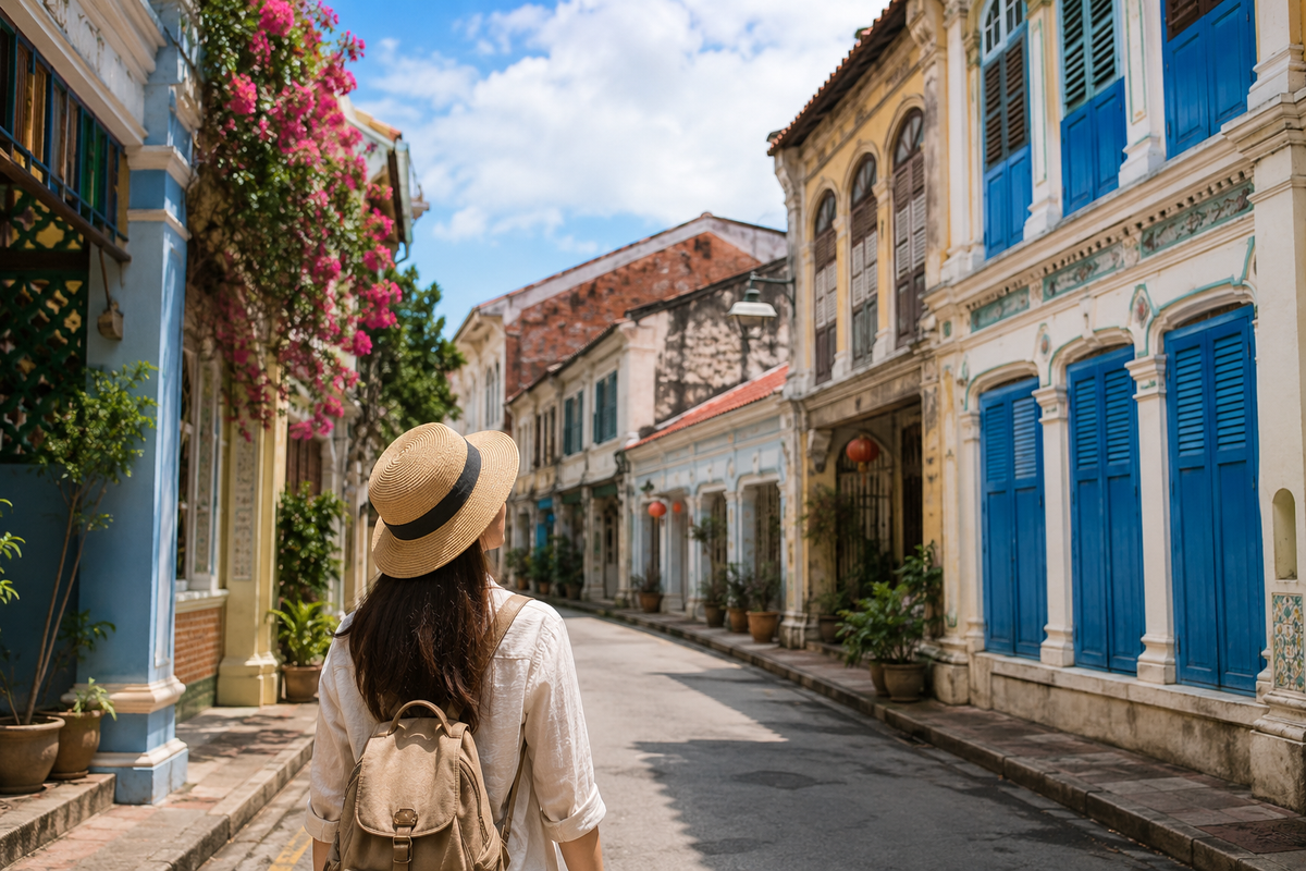 Illustration of a traveler walking past colorful heritage shophouses in George Town, Penang.