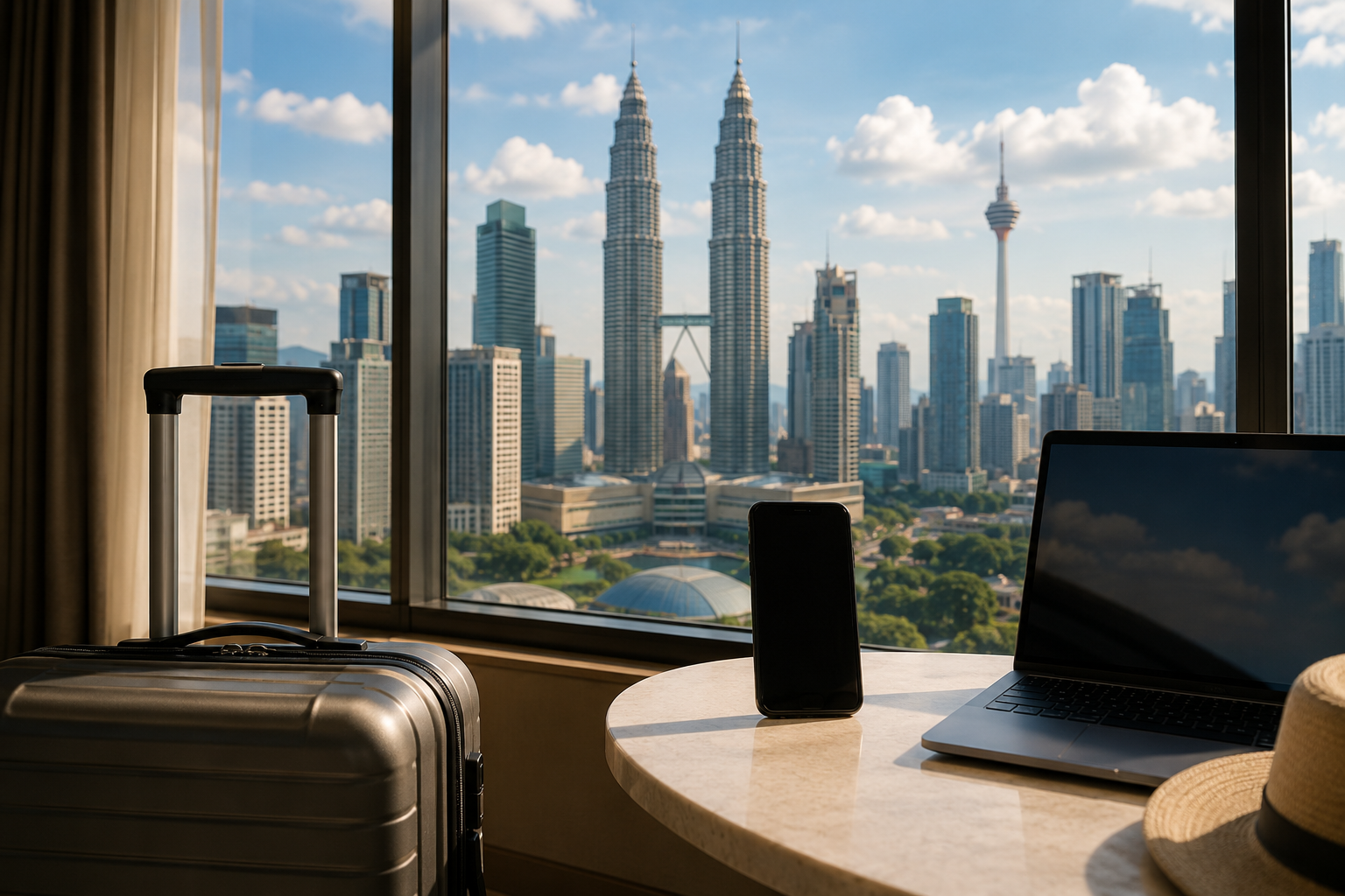 Illustration of a suitcase, phone and laptop beside a window overlooking Kuala Lumpur.