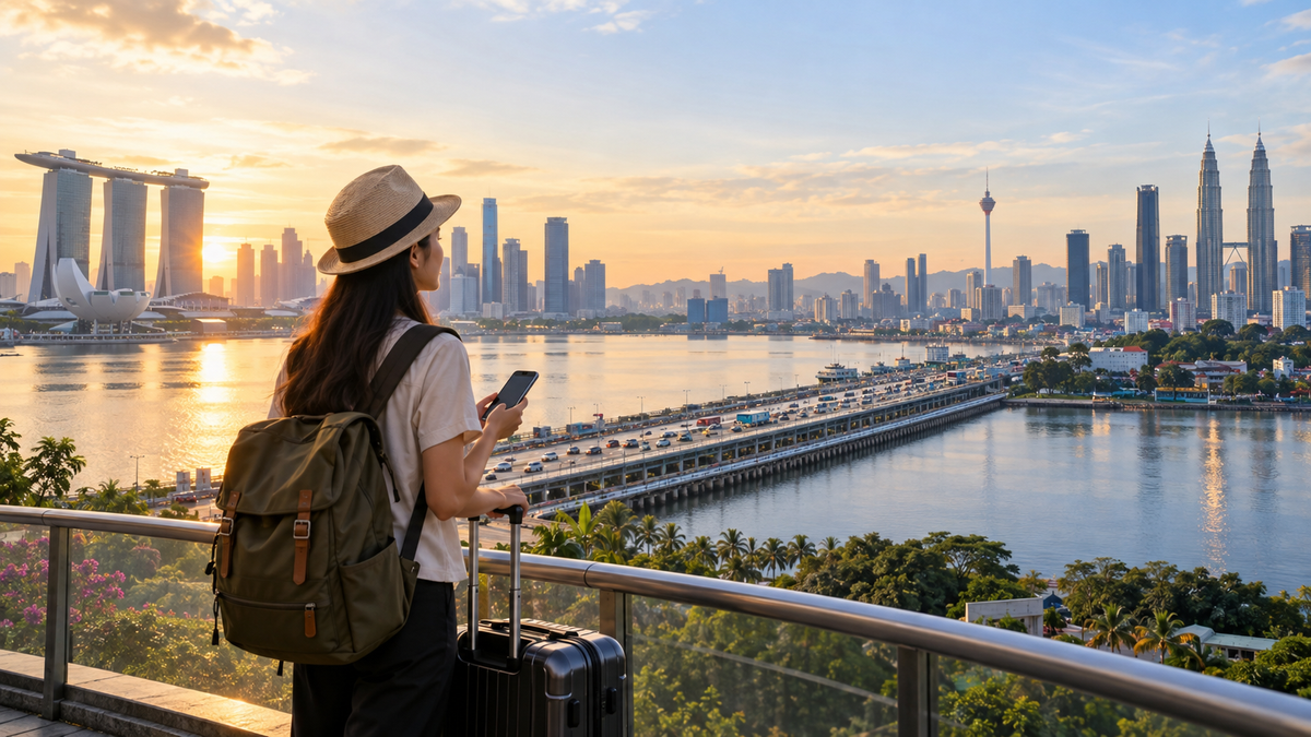 Traveler planning a Singapore and Malaysia journey overlooking a cross-border route