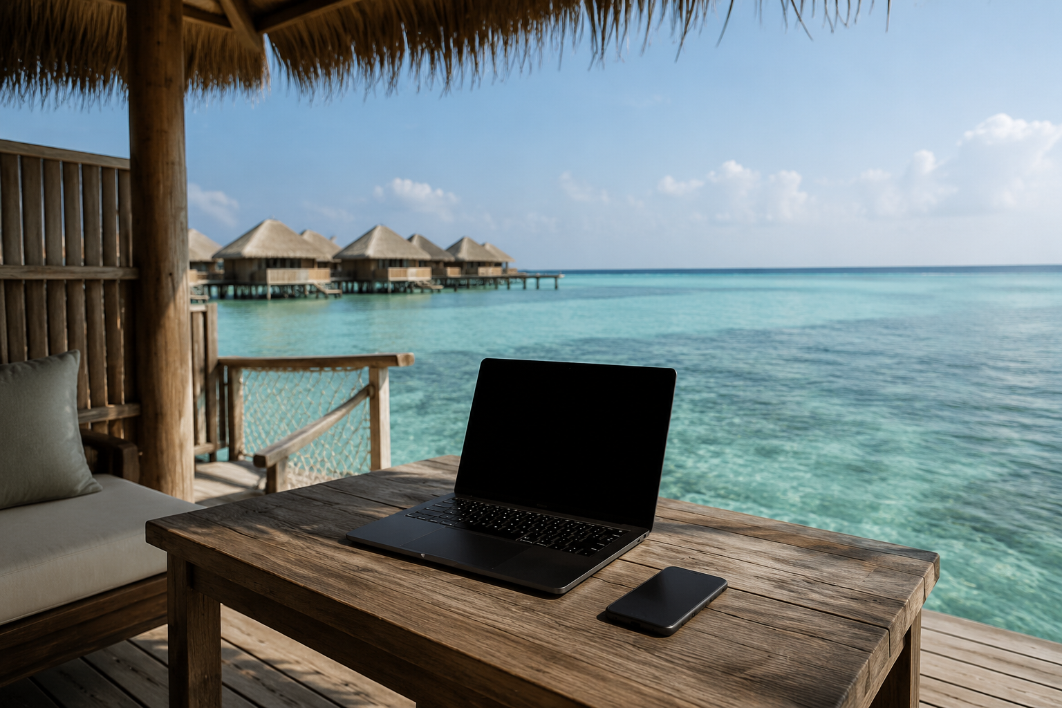 Laptop and smartphone on an overwater villa deck overlooking a Maldives lagoon