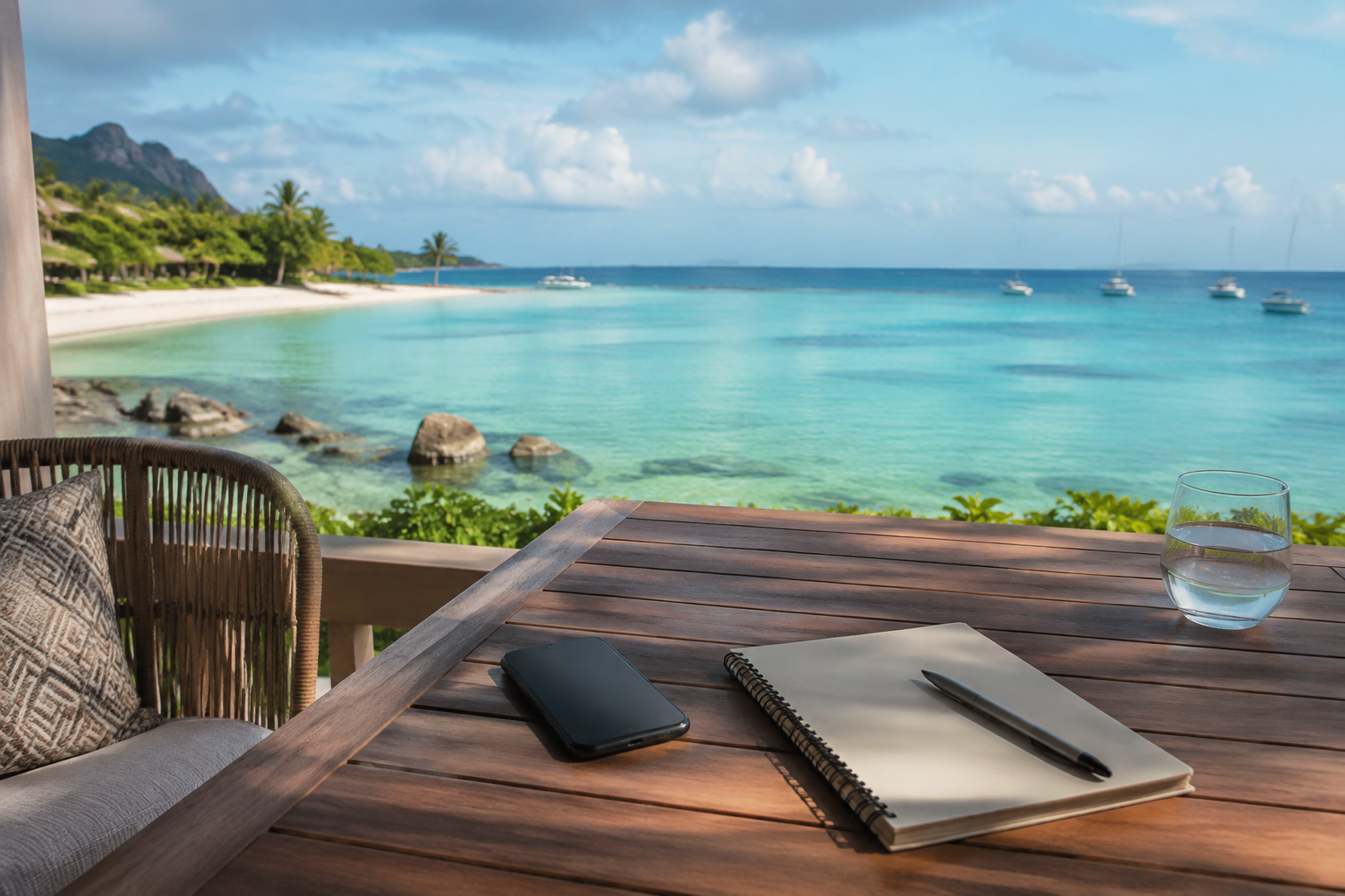 Phone and notebook on a Mauritius-inspired seaside hotel terrace