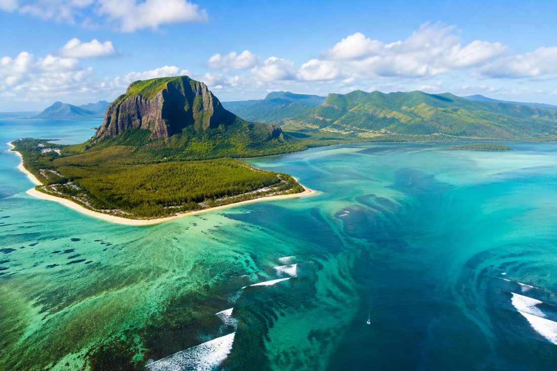 Illustrative Le Morne mountain and turquoise Mauritius lagoon