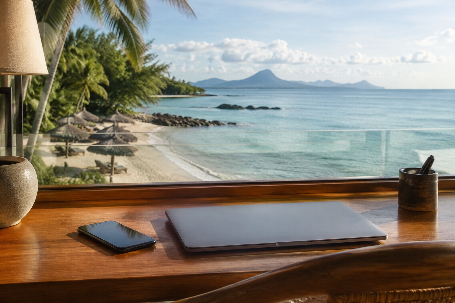Phone and laptop on an airy seaside hotel desk