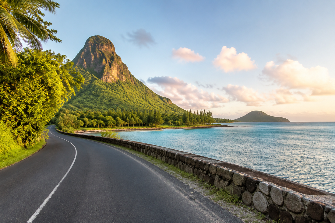 Illustrative coastal road beside the sea in Mauritius