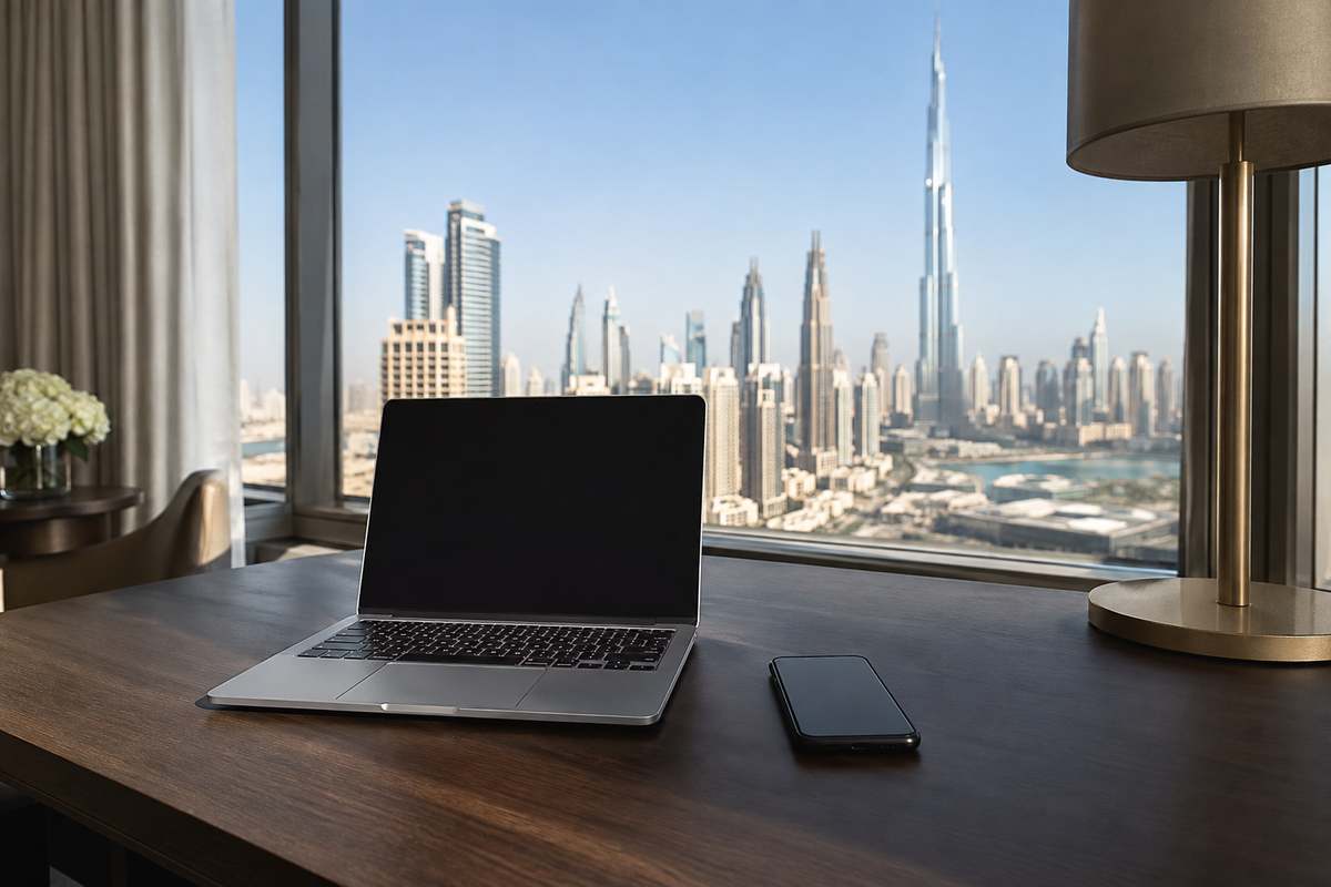 Laptop and smartphone on a hotel desk overlooking Dubai