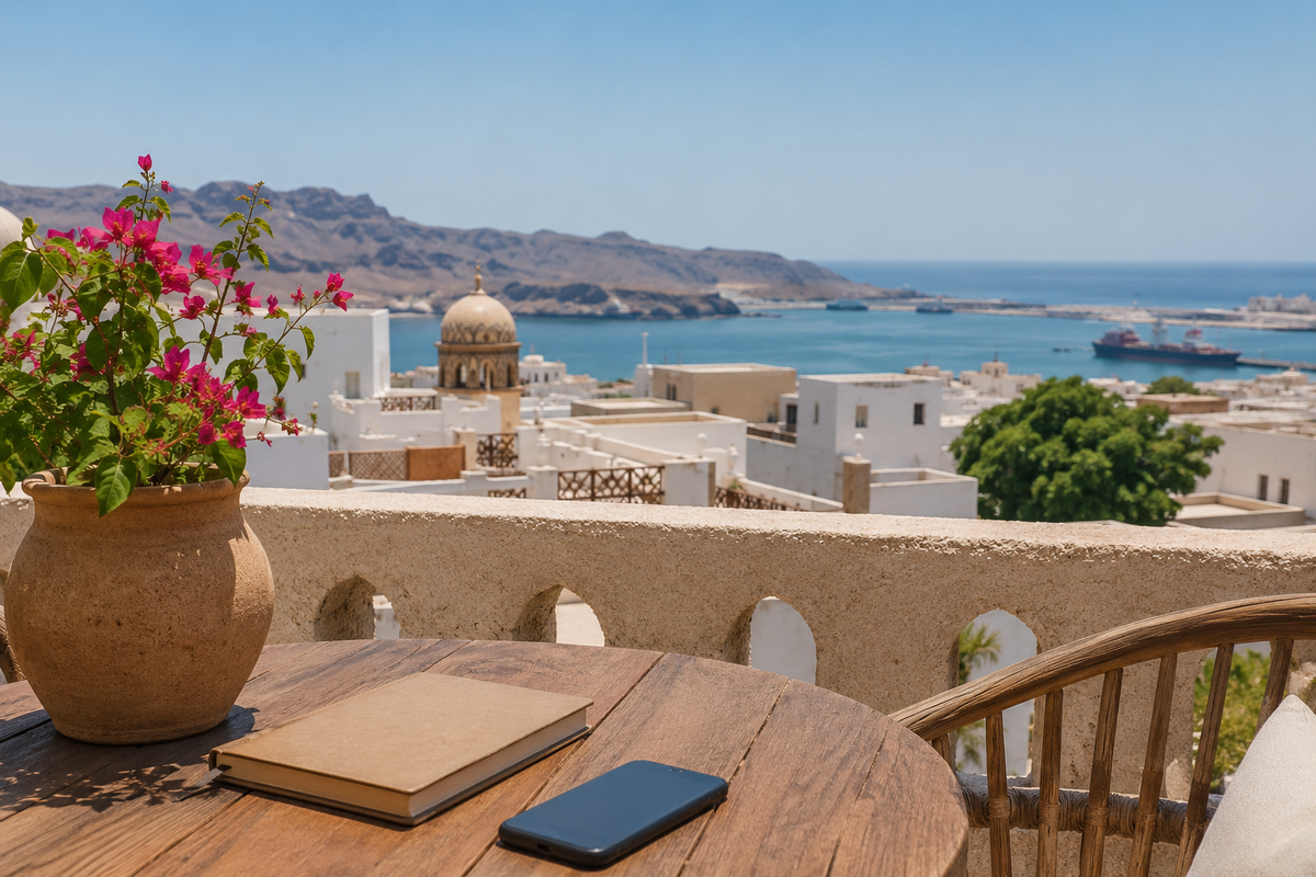 Travel planning table on a cafe terrace overlooking Muscat harbor