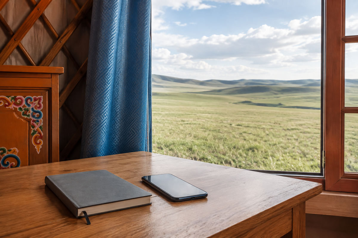 Phone and notebook beside a window overlooking Mongolian grassland