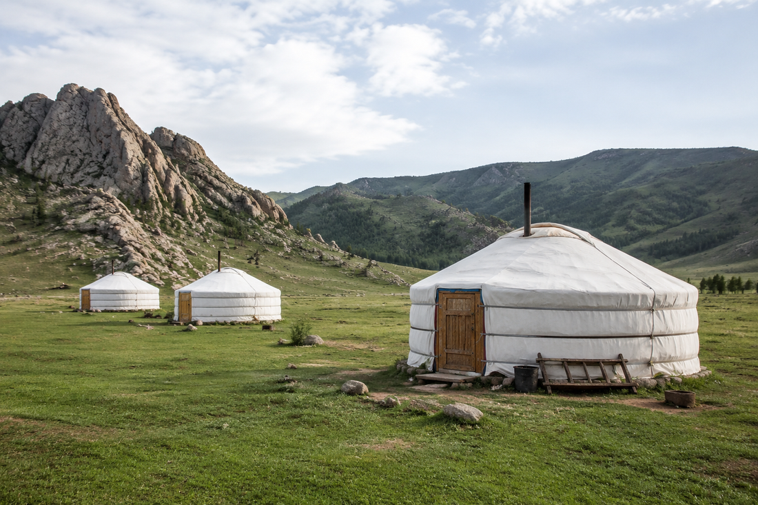 Illustrative Mongolian ger camp in a green valley