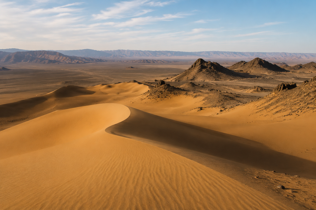 Illustrative Gobi-inspired dunes and desert landscape