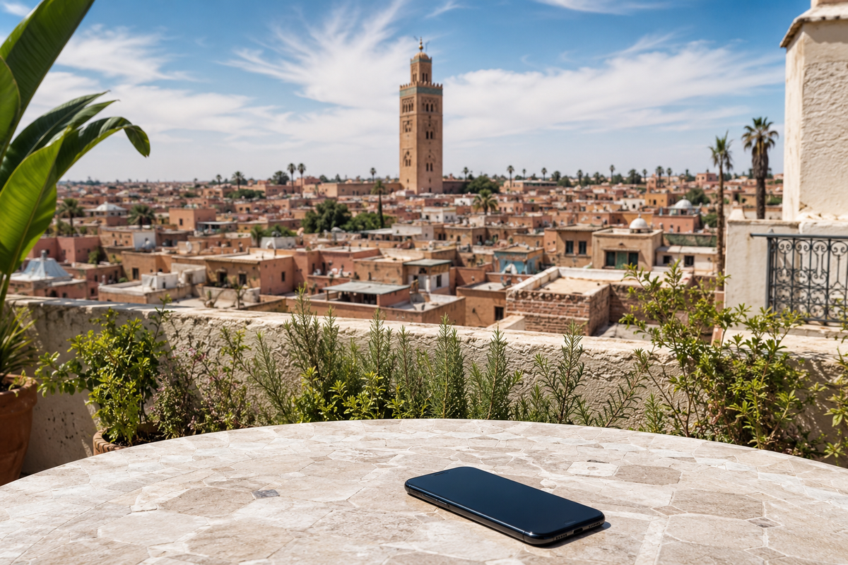 Illustration of a smartphone on a Marrakech rooftop overlooking the medina and Koutoubia minaret.