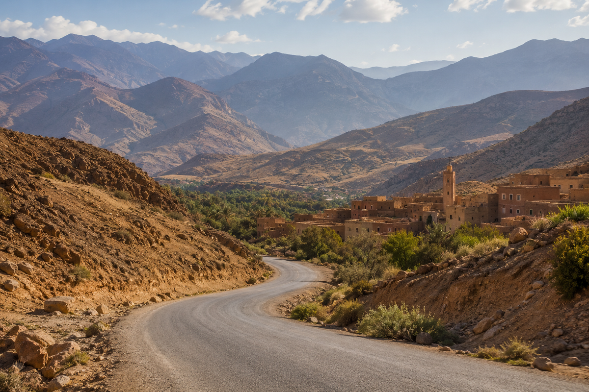 Illustration of a winding road and earthen village in Morocco's Atlas Mountains.