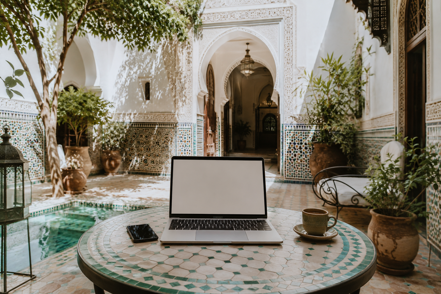 Illustration of a laptop and smartphone on a table in a traditional Moroccan riad courtyard.