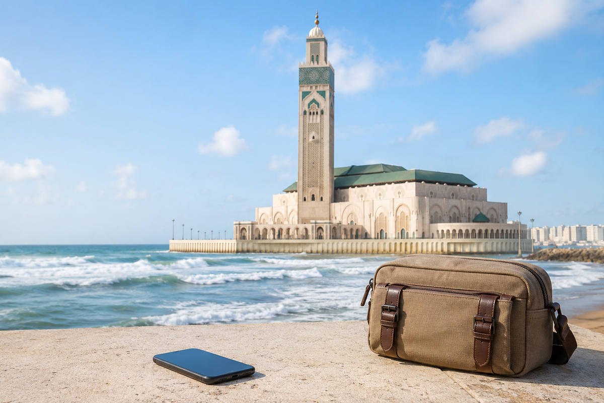 Illustration of a smartphone and travel bag with Casablanca's Hassan II Mosque by the Atlantic.