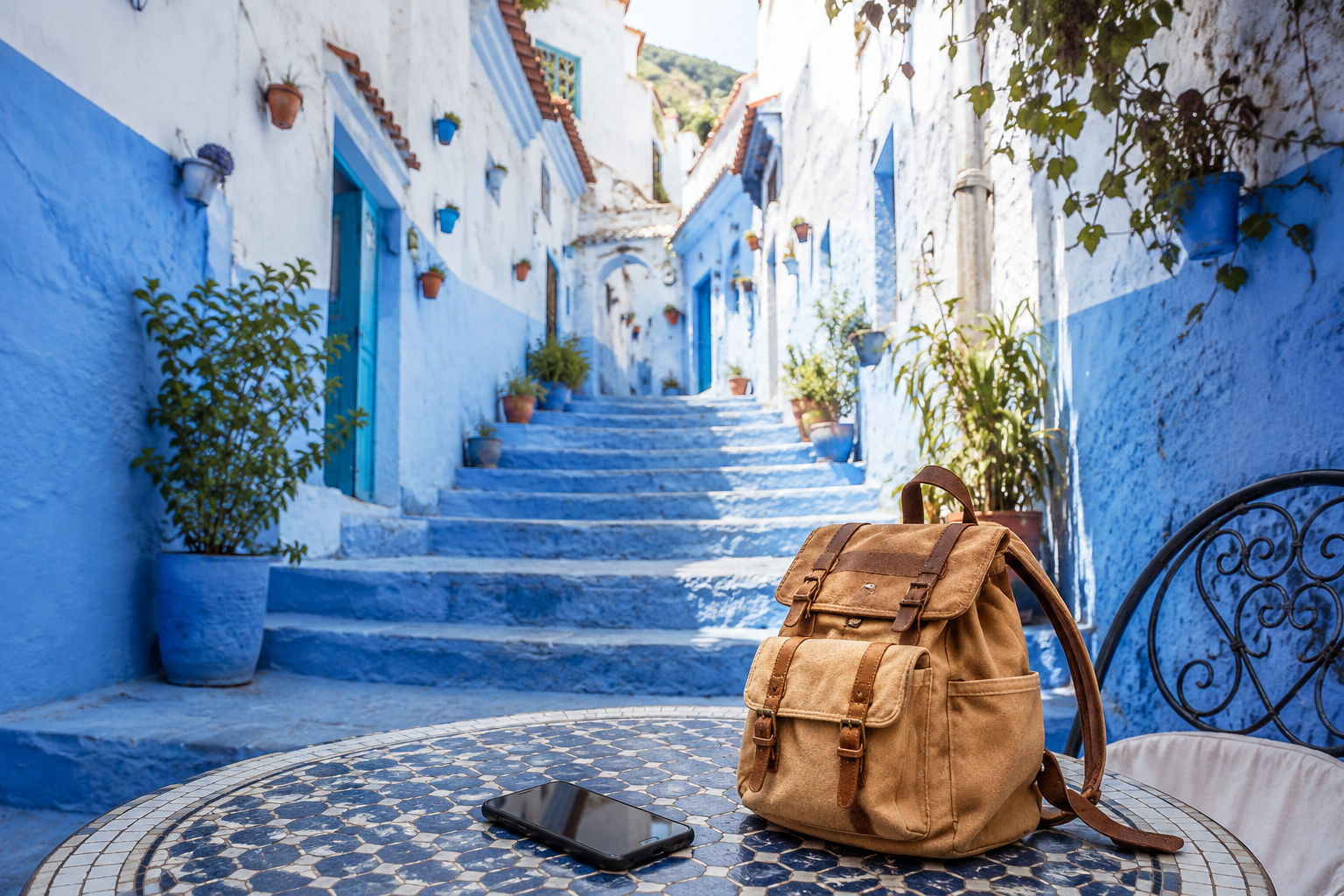Illustration of a travel backpack and smartphone beside a blue alley in Chefchaouen, Morocco.