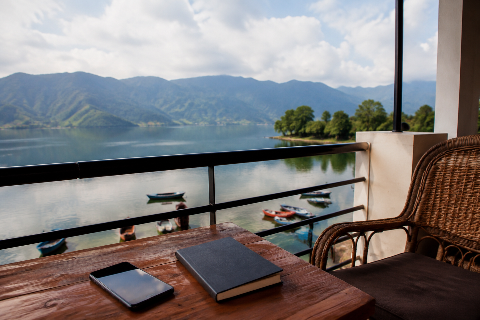 Phone and notebook on a Pokhara-inspired guesthouse terrace