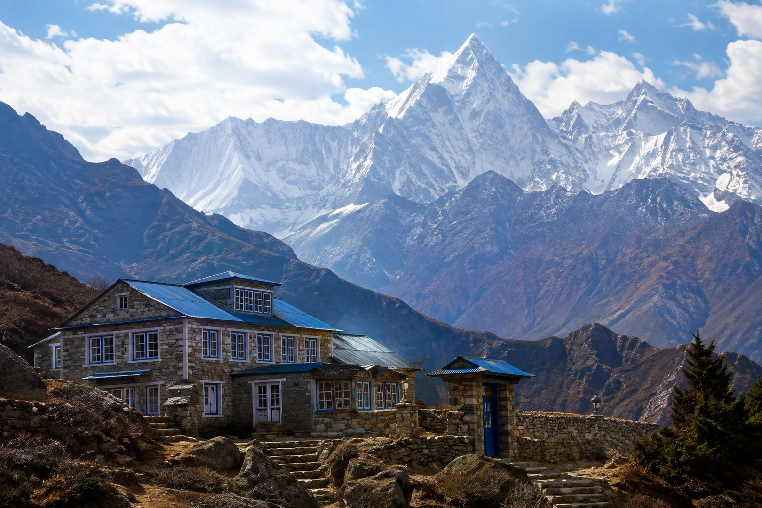 Illustrative Himalayan landscape with a stone lodge