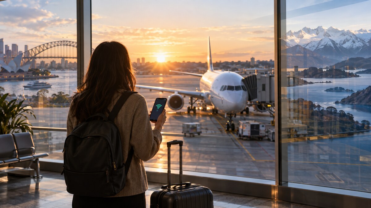 Traveler using one eSIM while flying between Australia and New Zealand