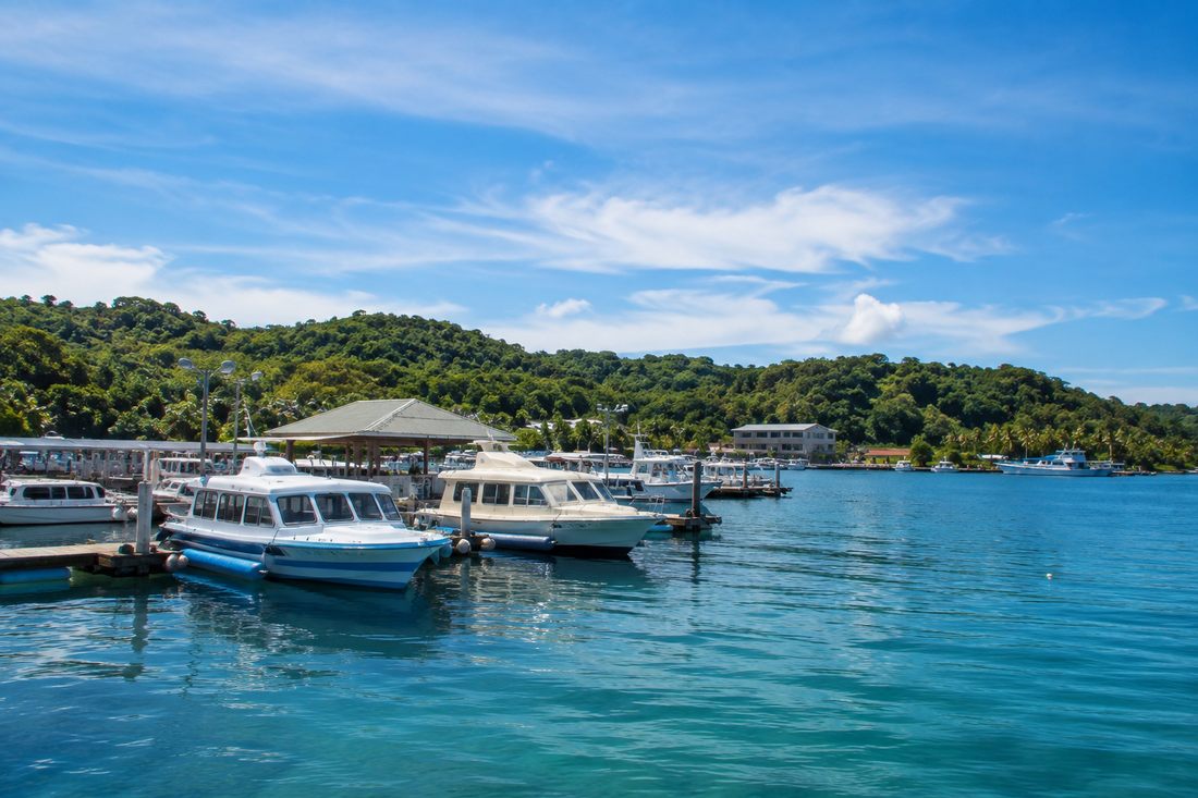 Illustrative view of a Palau waterfront with tropical hills and small boats