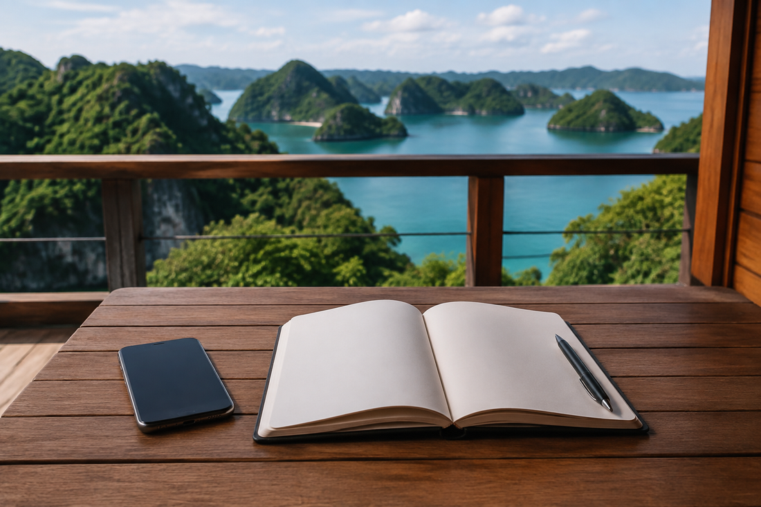 Unbranded phone and travel notebook on a Palau-inspired waterfront terrace