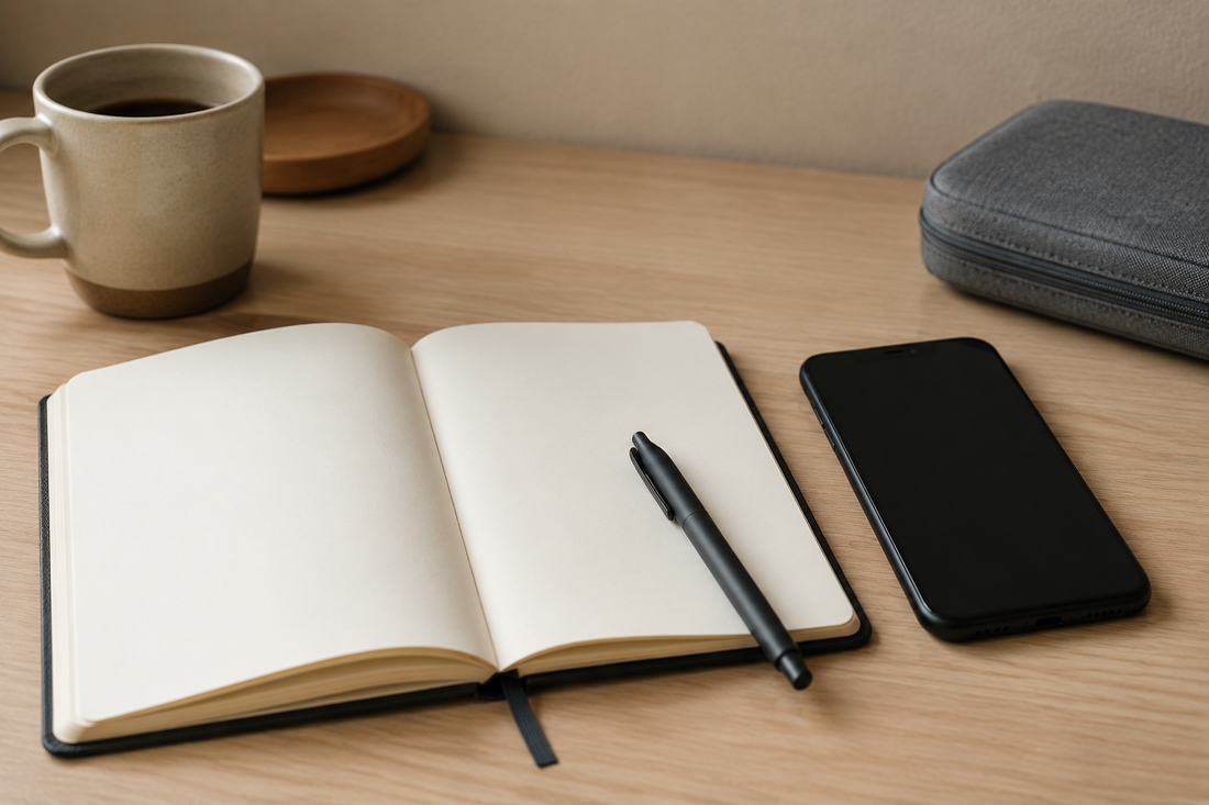Unbranded smartphone and blank notebook on a simple planning desk