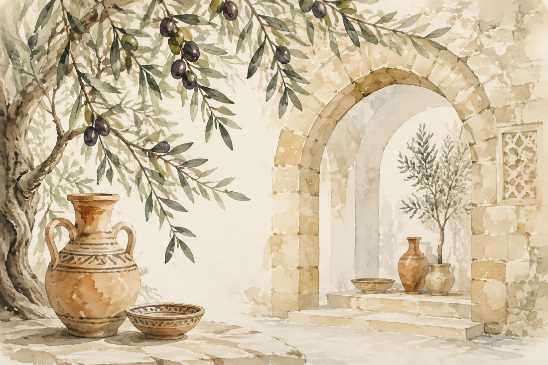 Illustrative Palestinian-inspired stone architecture and olive branches