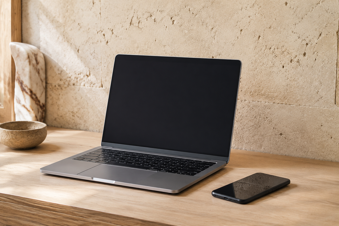 Unbranded smartphone and laptop on a light wooden desk